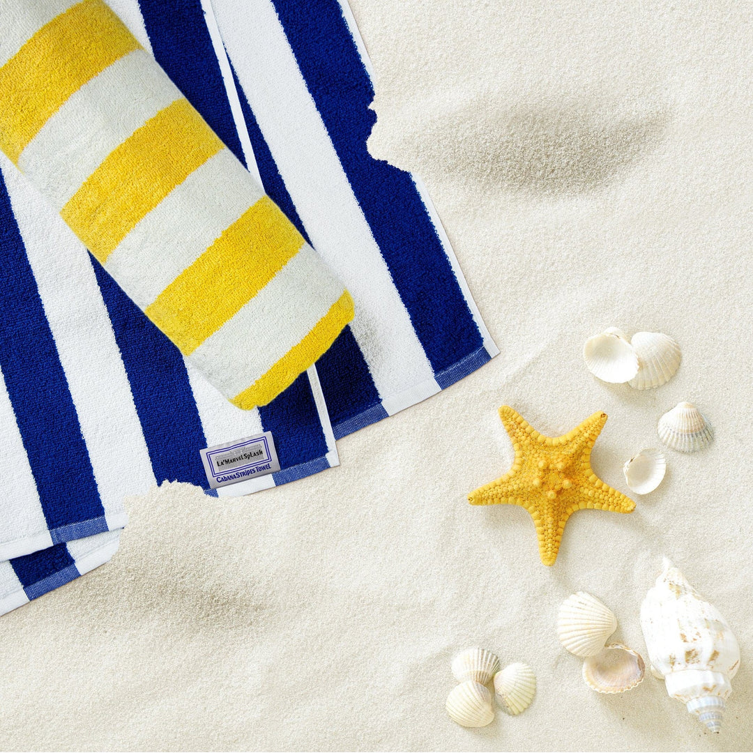 Yellow & Blue Cabana Stripes Beach Towel Sheet On Sand