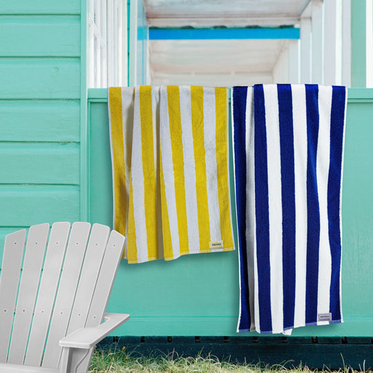 Blue & Yellow Stripe Cabana Beach Towel on Window